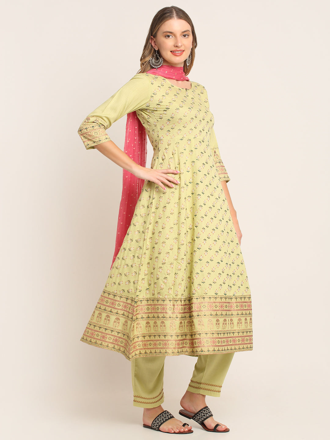 Women Green & Golden Printed Anarkali Kurta with Palazzo and Dupatta