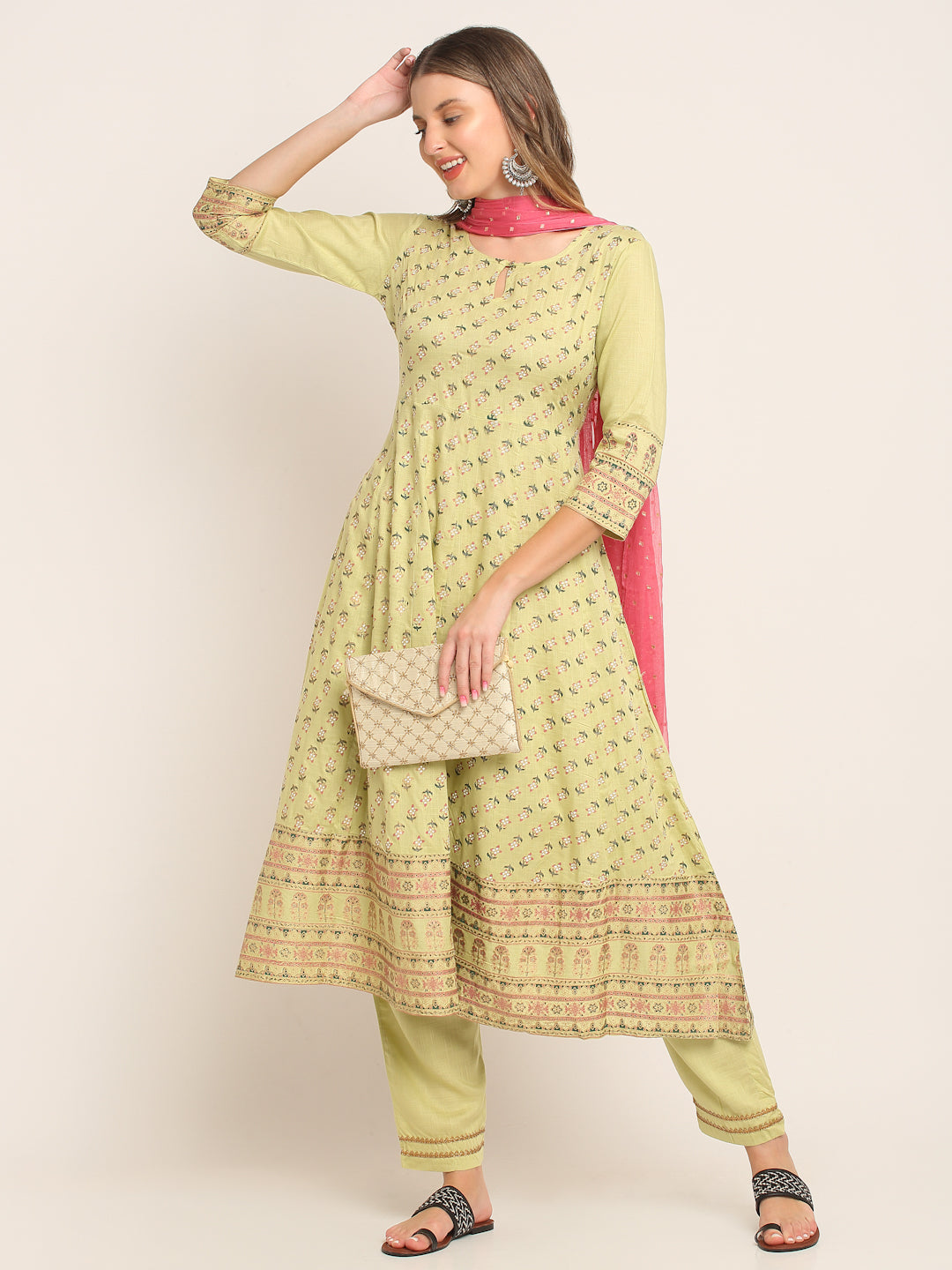 Women Green & Golden Printed Anarkali Kurta with Palazzo and Dupatta