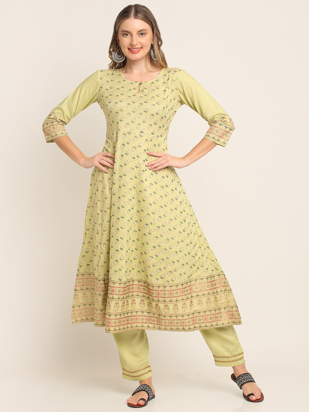 Women Green & Golden Printed Anarkali Kurta with Palazzo and Dupatta