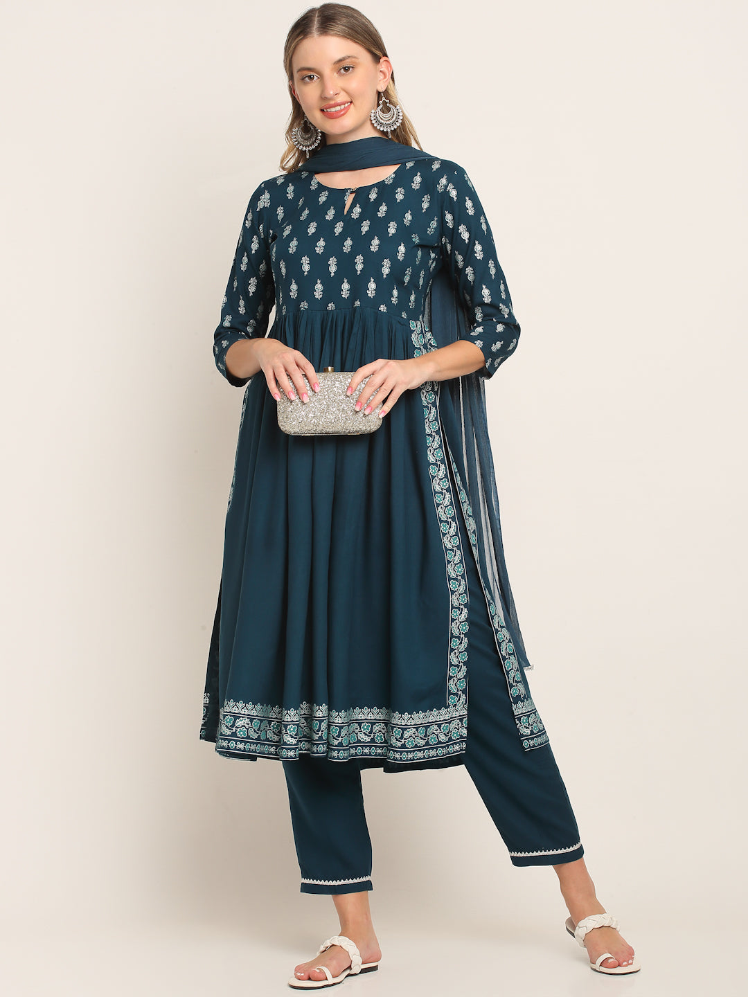 Women Blue & Silver Ethnic Motifs Printed Nyra Cut Kurta Set