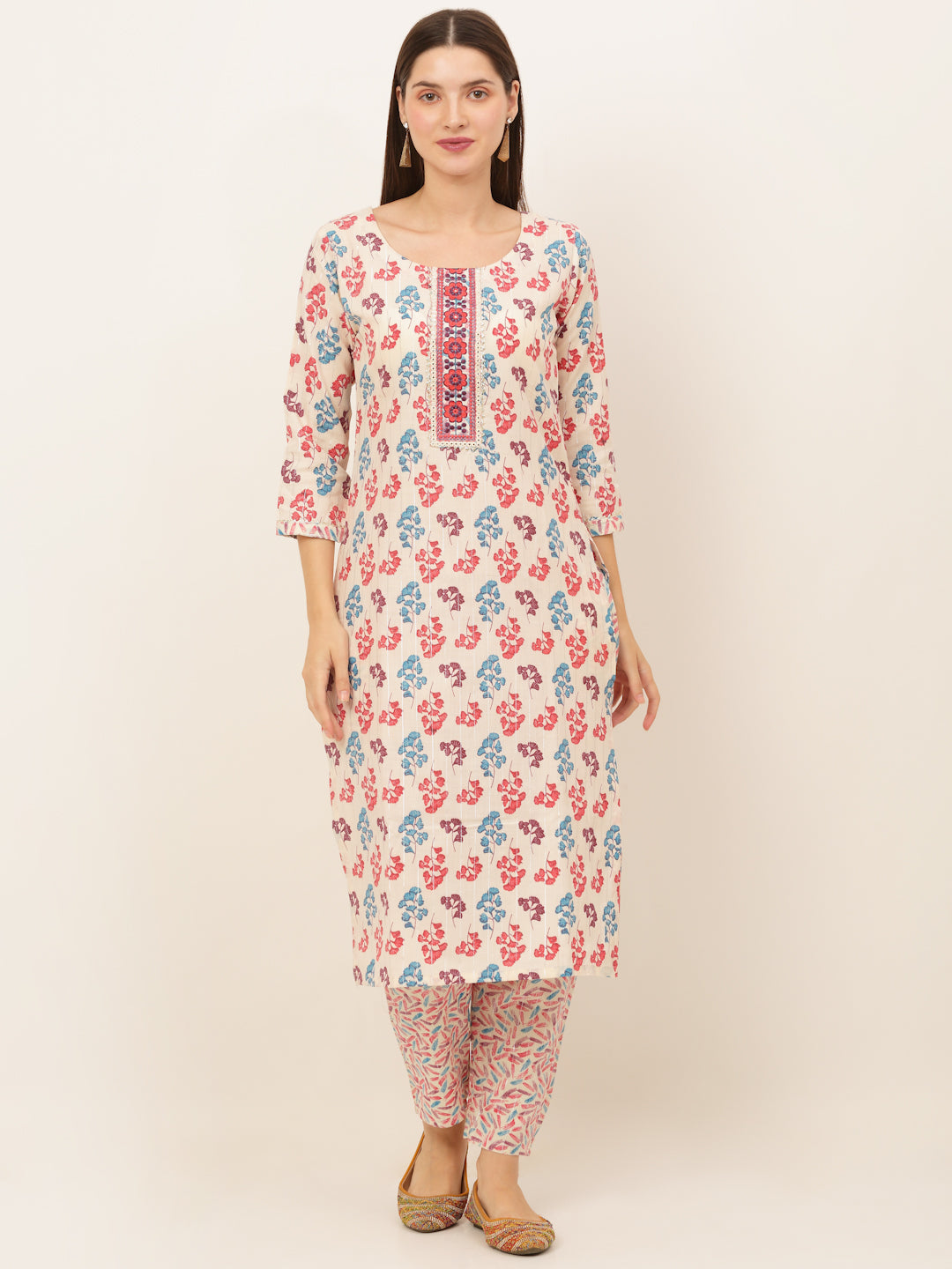 Women Cream-Coloured Floral Printed Kurta with Trousers & With Dupatta