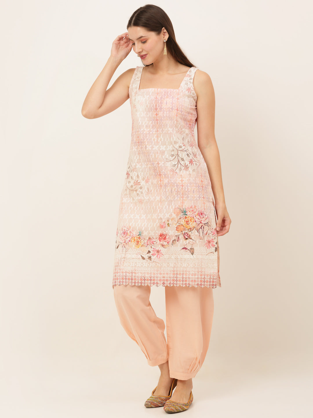 Floral Printed Sleeveless Straight Kurta