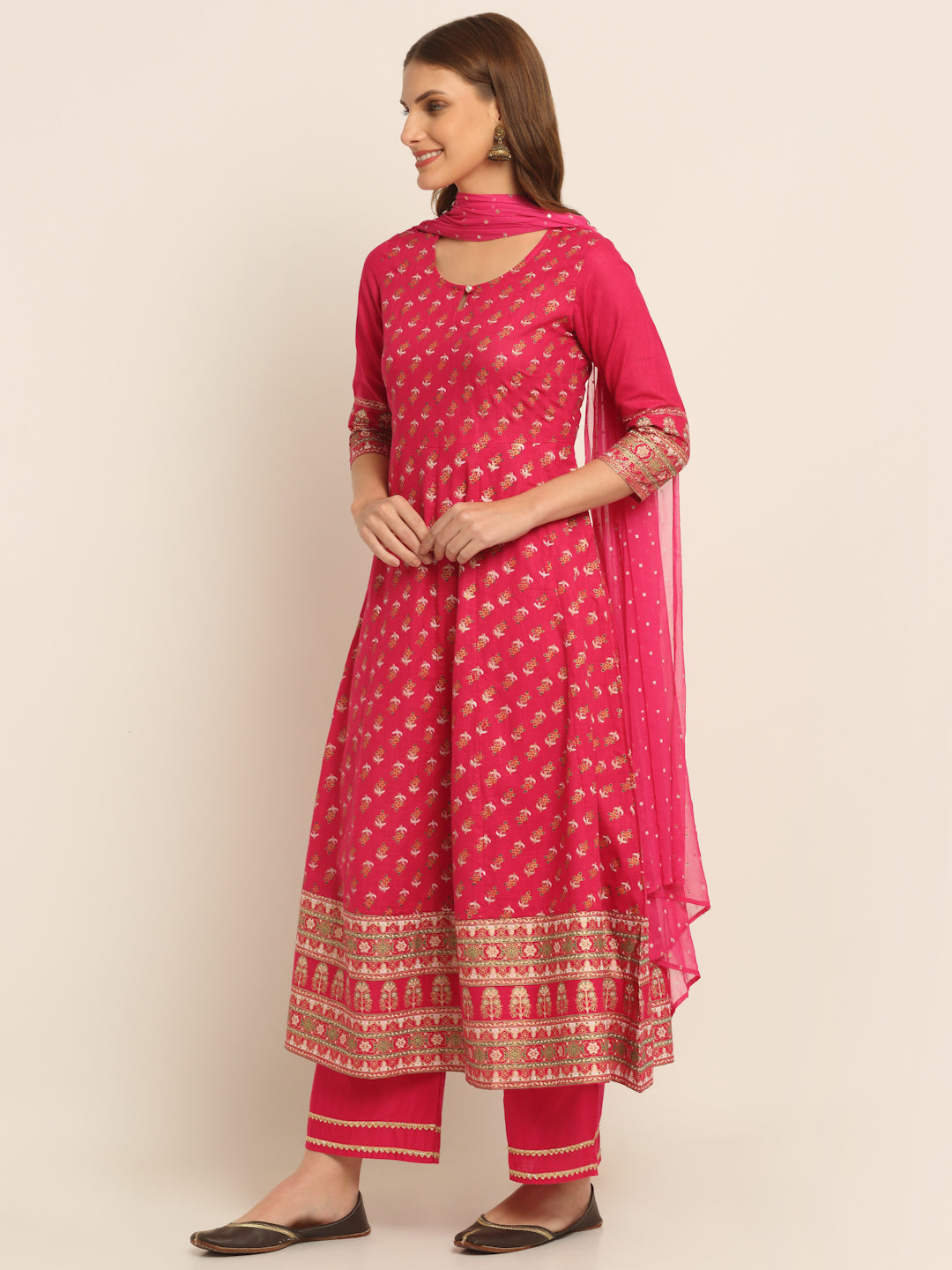 Women Pink Floral Printed Regular  Pure Cotton Kurta with  Palazzos & With Dupatta