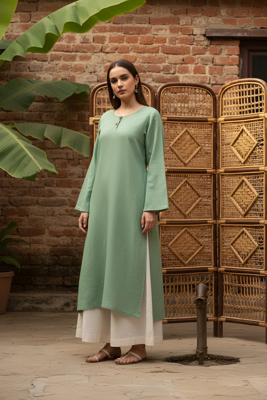 Women Green Cotton Oversized Kurta