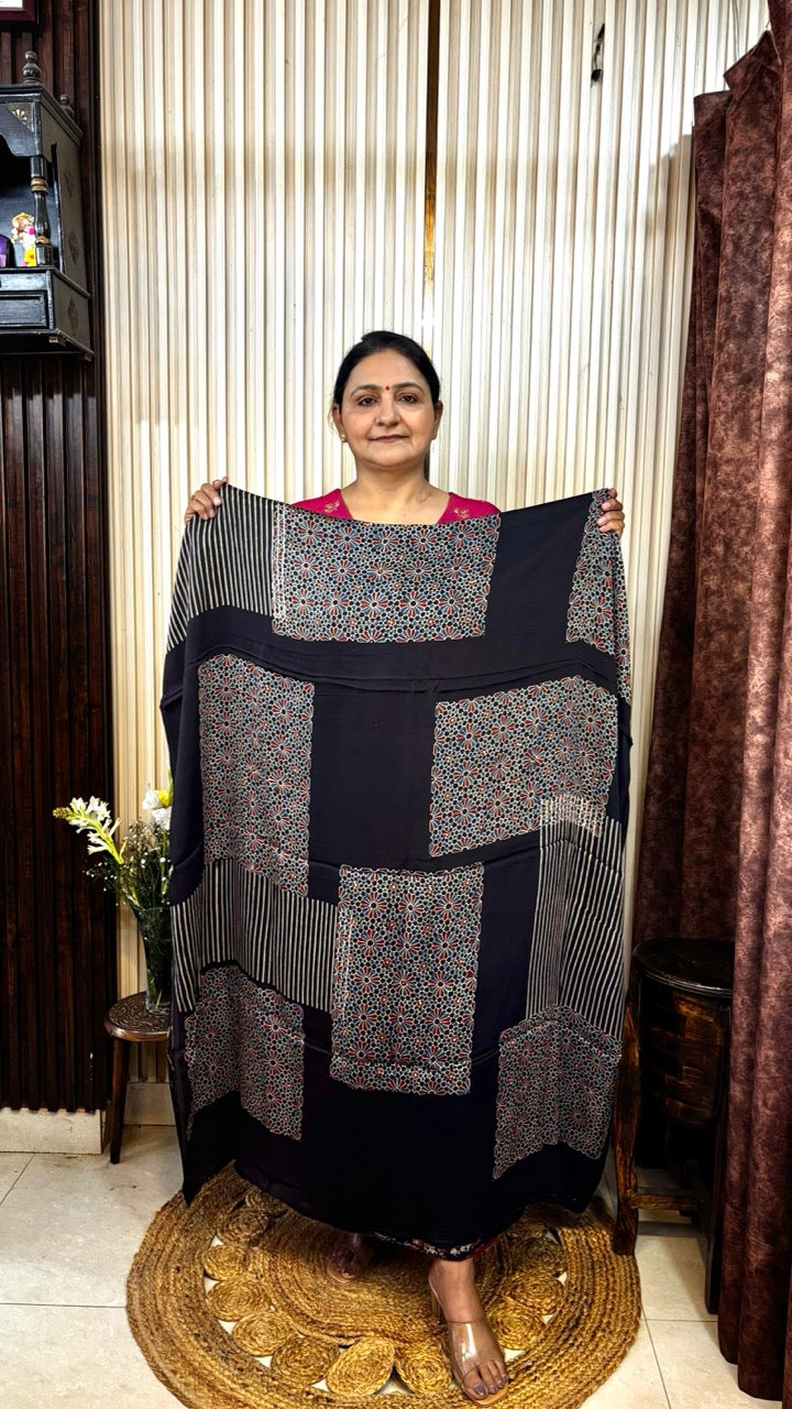 Modal Silk Black central stripes panel Ajrakh Kurta