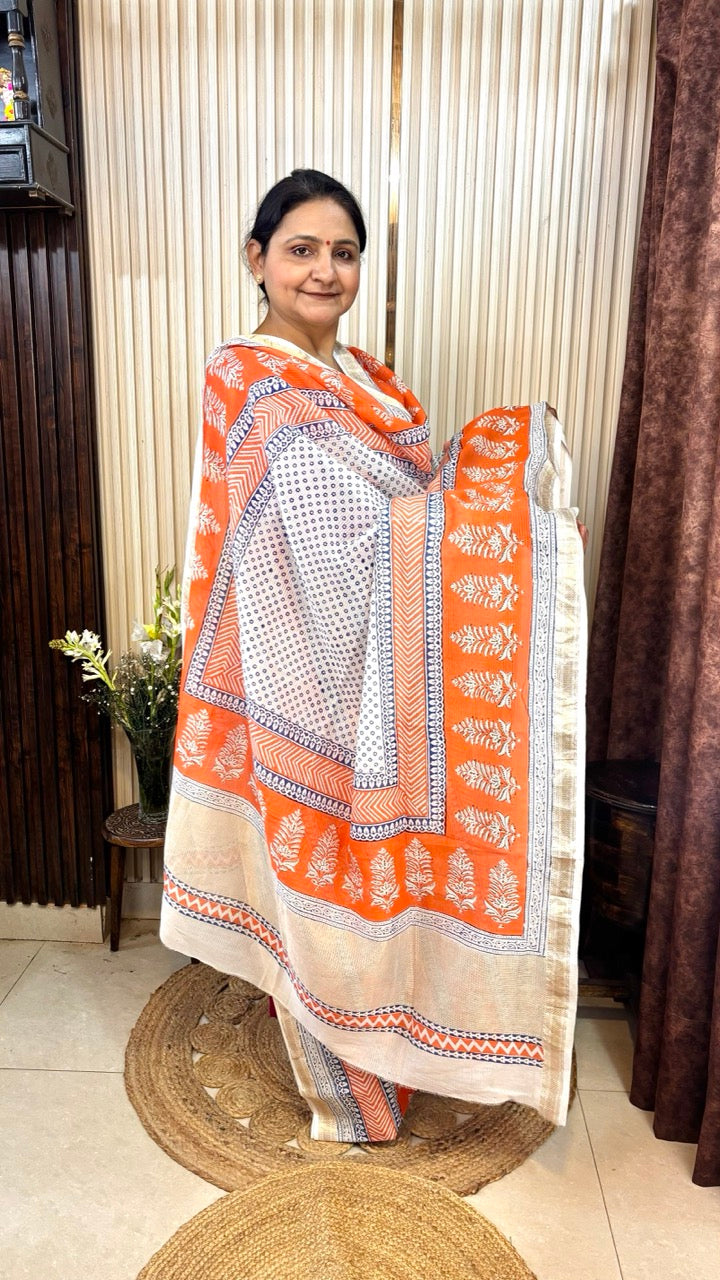 Maheshwari Silk Bagh Hand Block Printed Kurta Set With Tissue Zari Pallu Dupatta - Set of 3