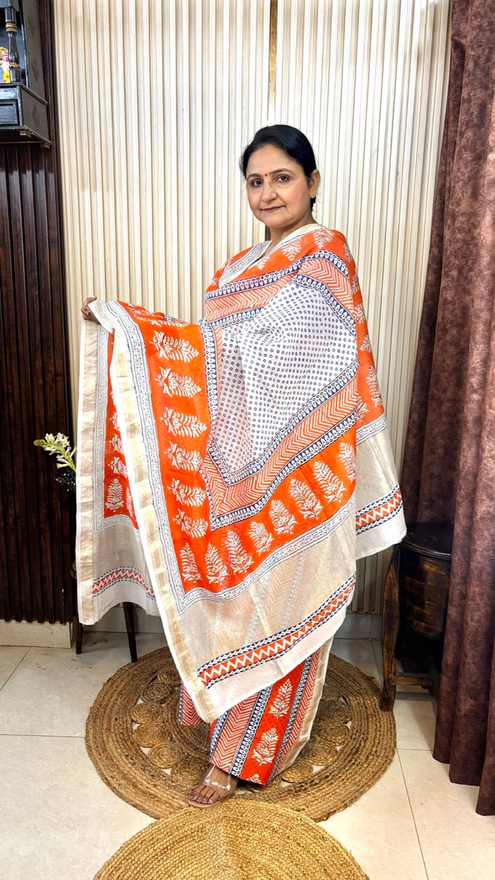 Maheshwari Silk Bagh Hand Block Printed Kurta Set With Tissue Zari Pallu Dupatta - Set of 3