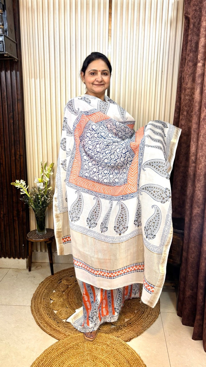 Maheshwari Silk Bagh Hand Block Printed Kurta Set With Tissue Zari Pallu Dupatta - Set of 3