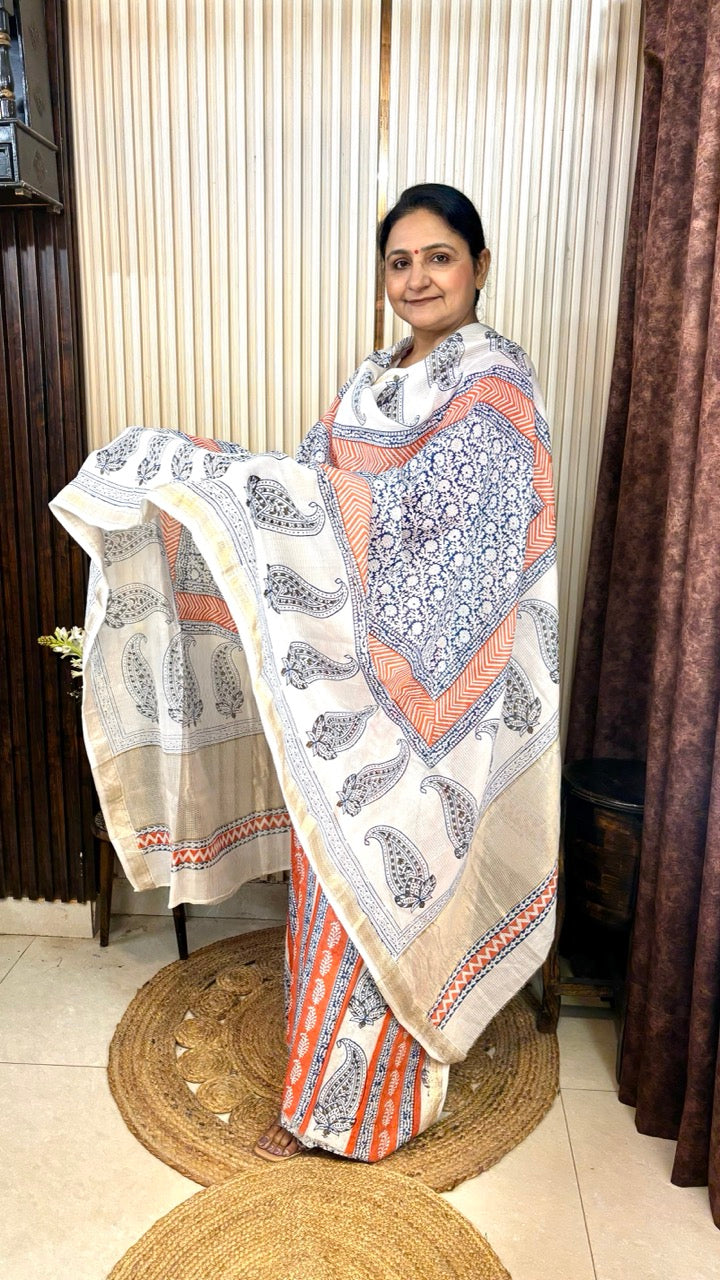 Maheshwari Silk Bagh Hand Block Printed Kurta Set With Tissue Zari Pallu Dupatta - Set of 3