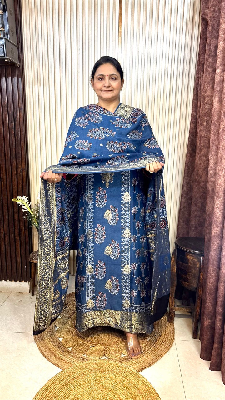 Banarasi Dola Silk Indigo Ajrakh handblock printed Kurta With Dupatta - Set of 2