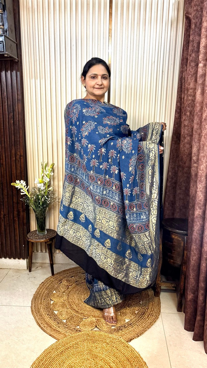 Banarasi Dola Silk Indigo Ajrakh handblock printed Kurta With Dupatta - Set of 2