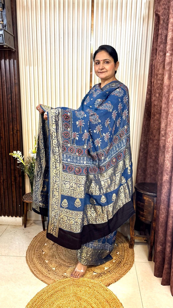 Banarasi Dola Silk Indigo Ajrakh handblock printed Kurta With Dupatta - Set of 2