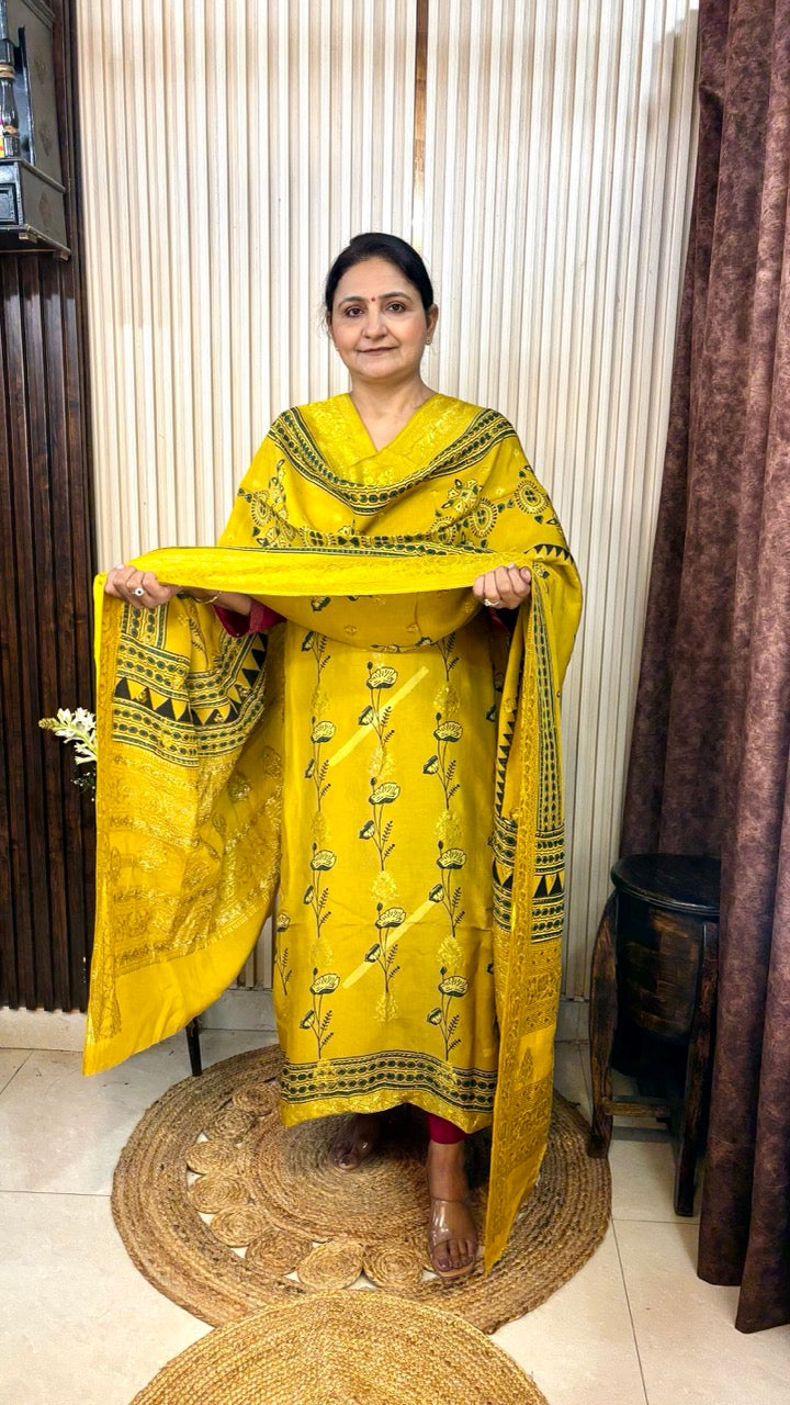 Banarasi Dola Silk Yellow Ajrakh handblock printed Kurta With Dupatta - Set of 2