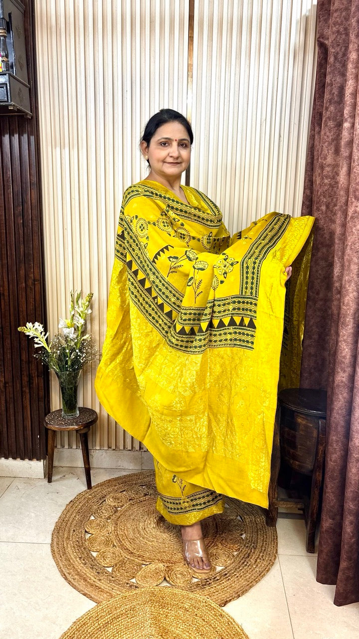 Banarasi Dola Silk Yellow Ajrakh handblock printed Kurta With Dupatta - Set of 2
