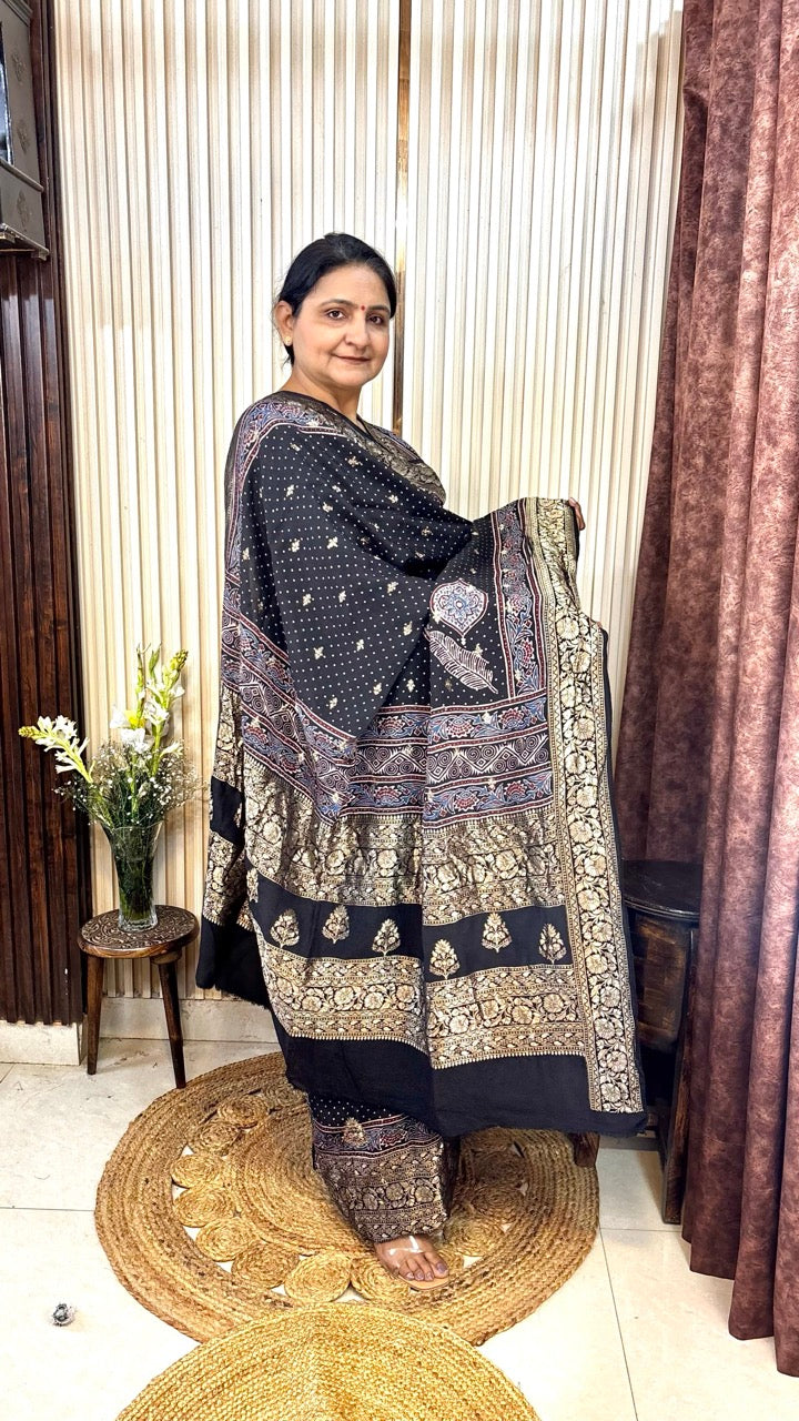 Banarasi Dola Silk Black Ajrakh handblock printed Kurta With Dupatta - Set of 2