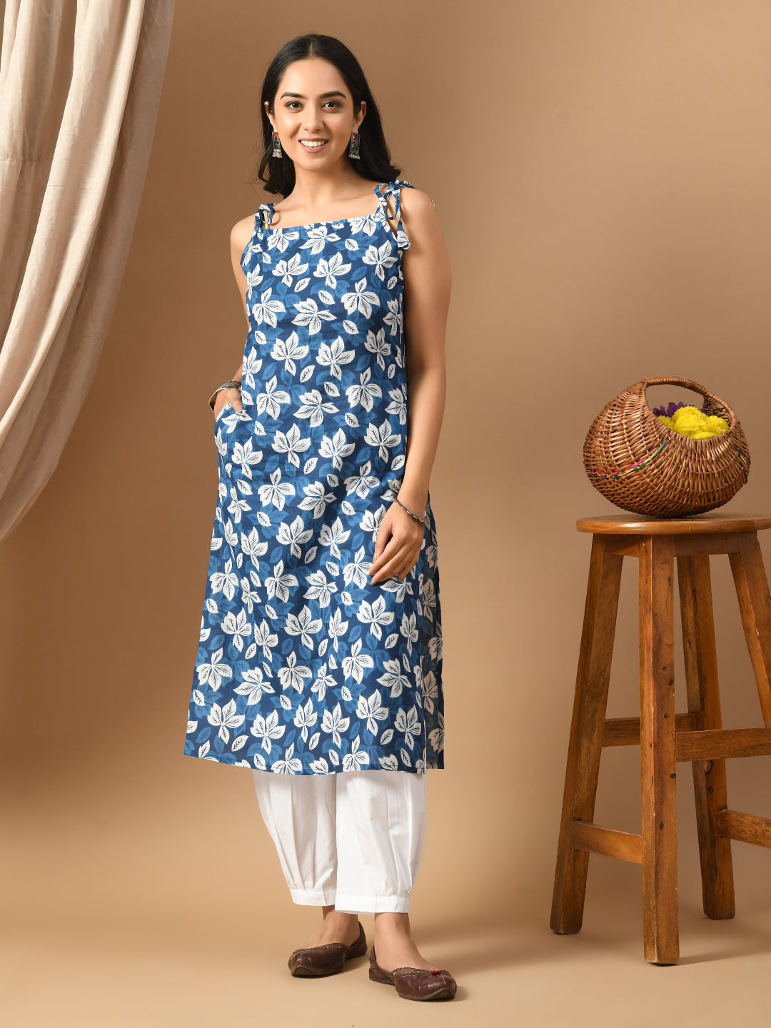 Indigo white floral kurta with straps