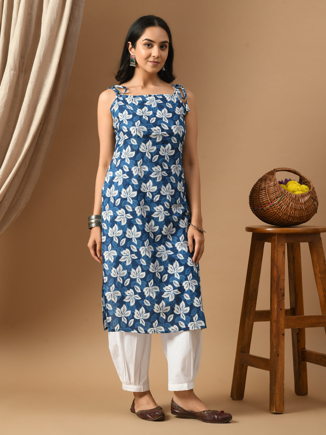 Indigo white floral kurta with straps