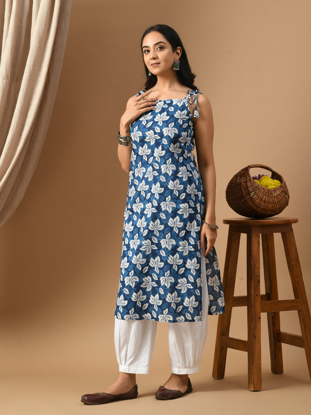 Indigo white floral kurta with straps