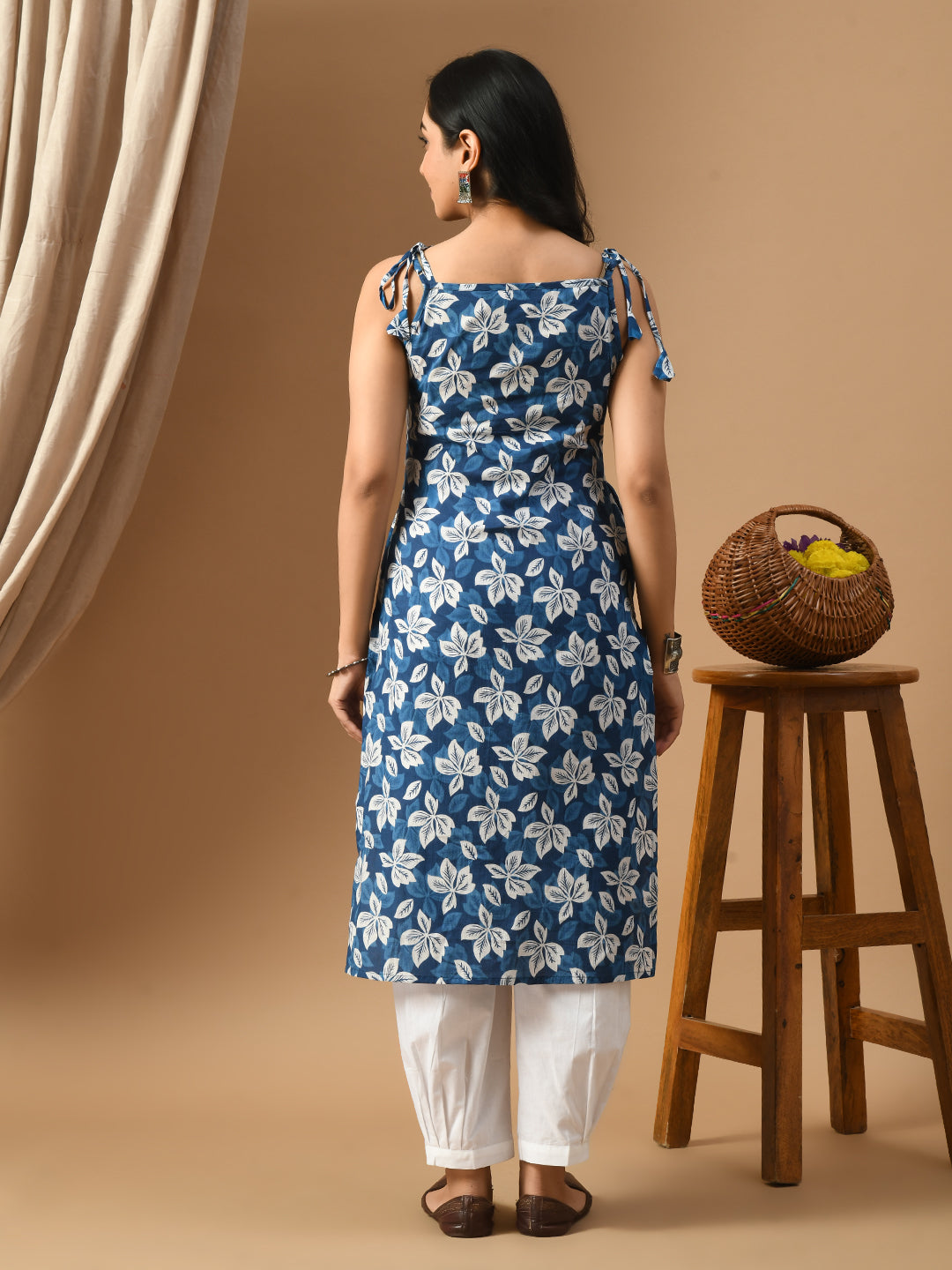 Indigo white floral straps kurta Set