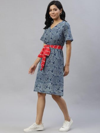 Blue Sustainable A-Line Dress with Belt