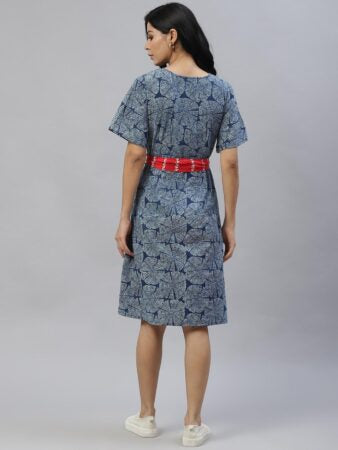 Blue Sustainable A-Line Dress with Belt