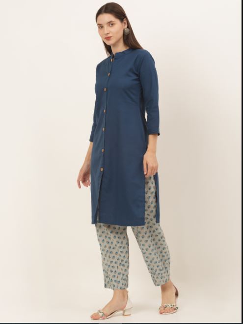 Women Blue Solid Cotton Kurta