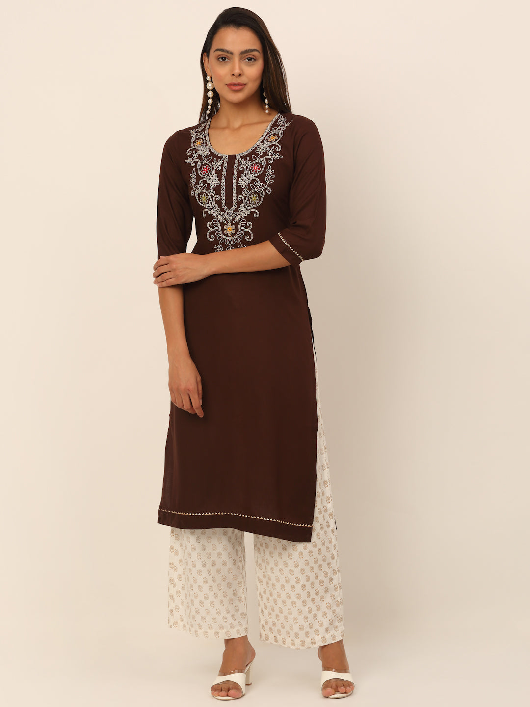 Women Brown Paisley Yoke Design Keyhole Neck Thread Work Kurta