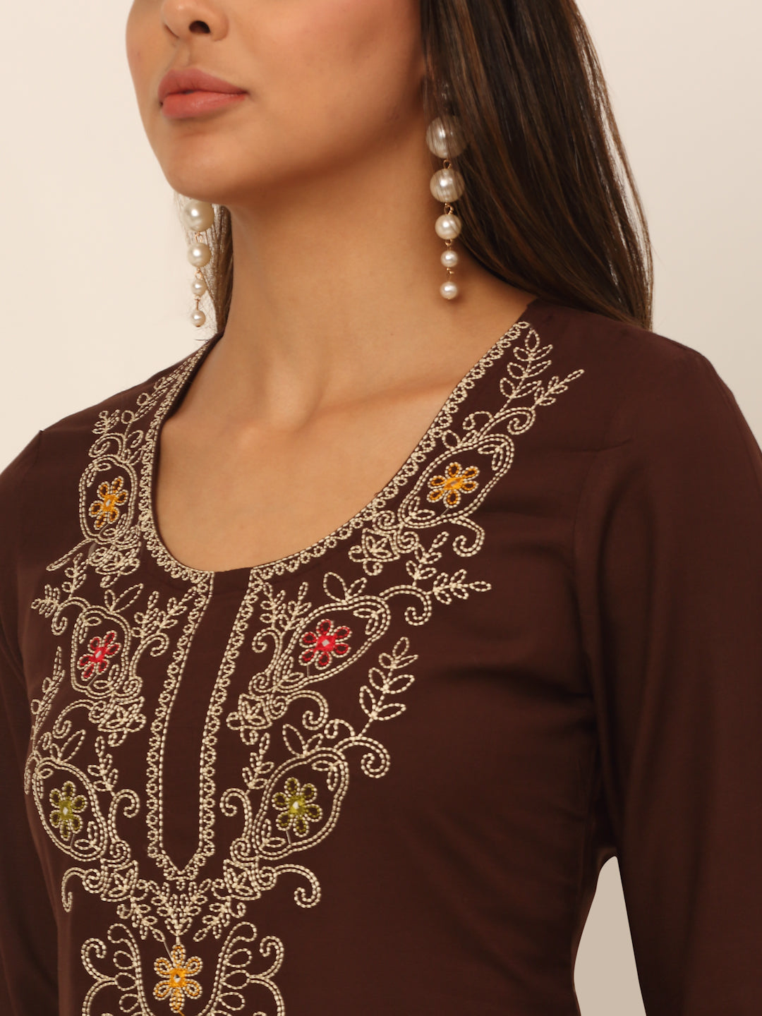 Women Brown Paisley Yoke Design Keyhole Neck Thread Work Kurta