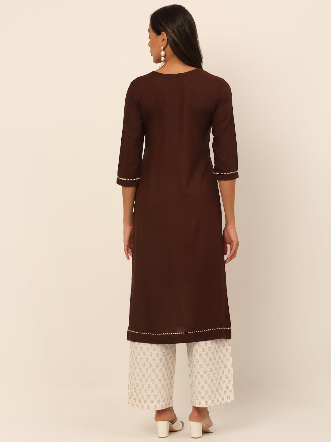 Women Brown Paisley Yoke Design Keyhole Neck Thread Work Kurta