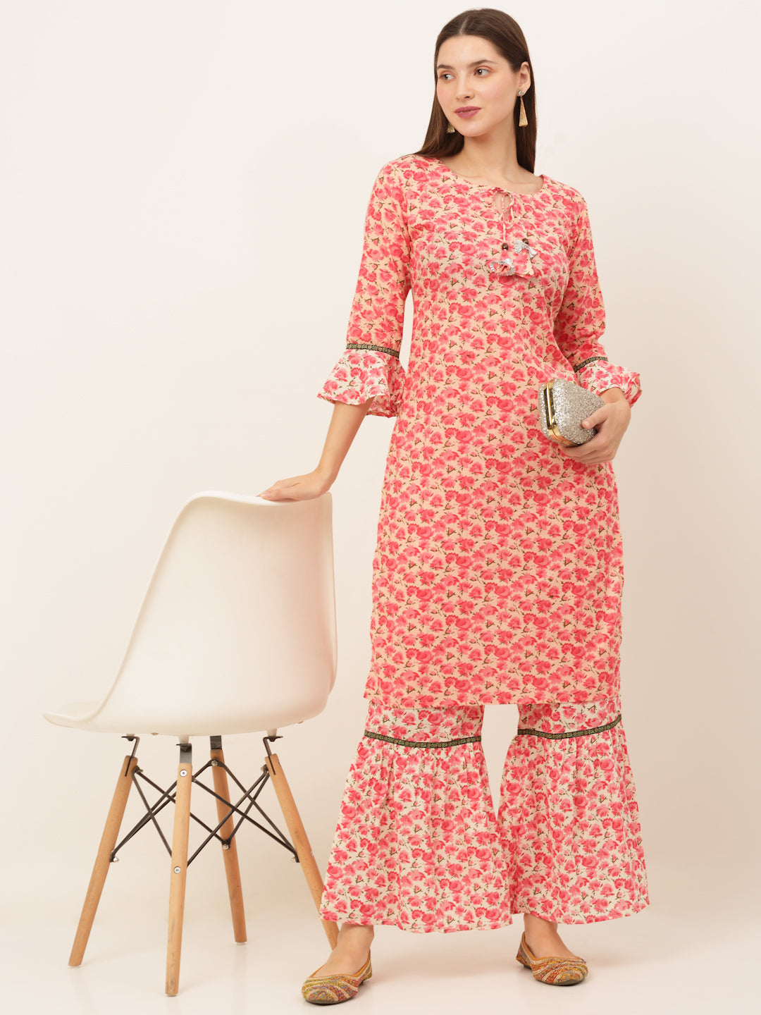 Women Floral Printed Pure Cotton Kurta with Sharara