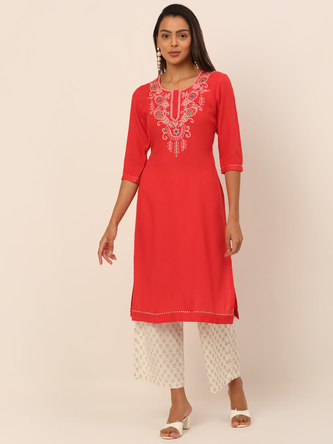 Women Coral Ethnic Motifs Yoke Design Flared Sleeves Thread Work Kurta