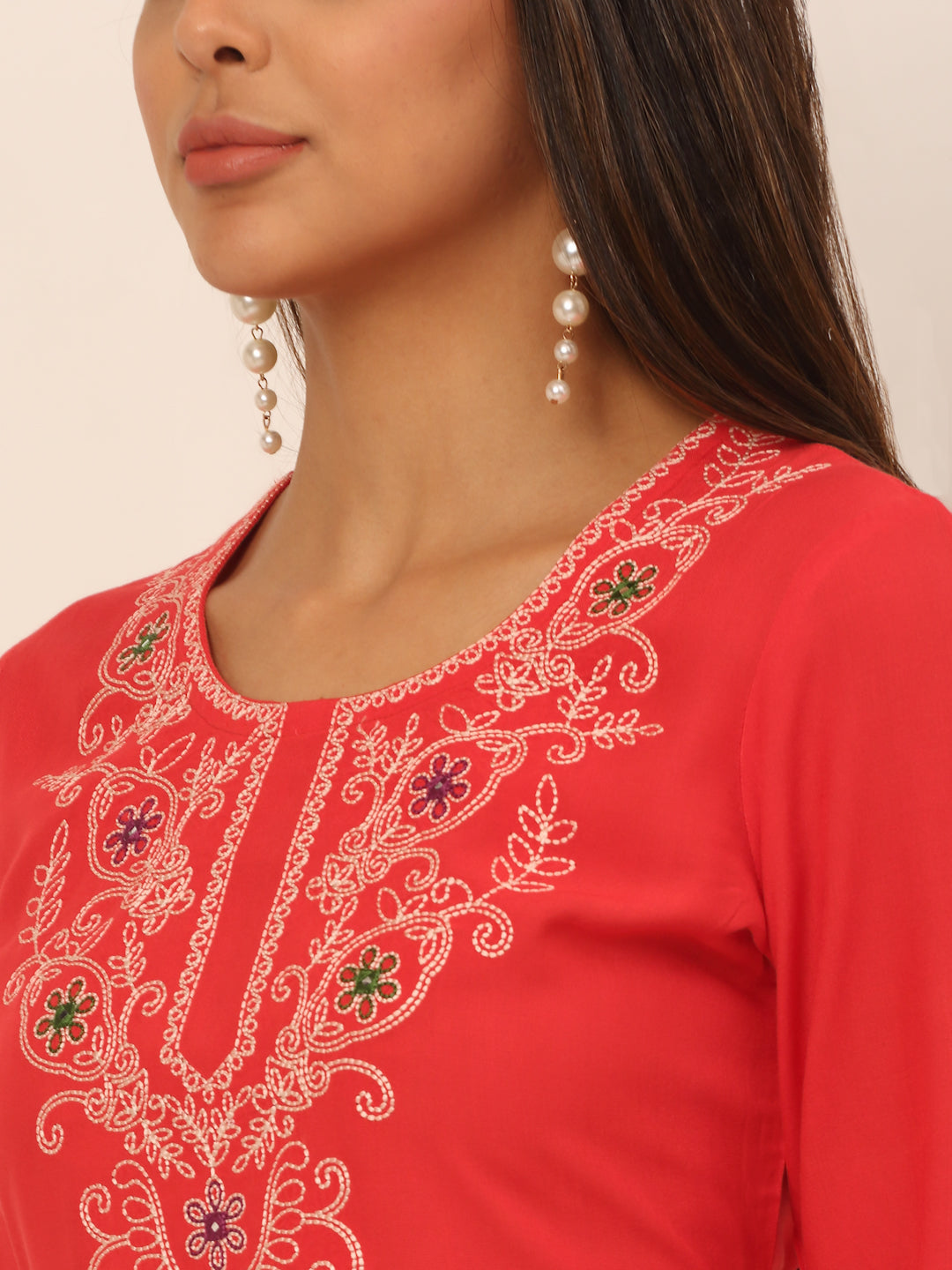 Women Coral Ethnic Motifs Yoke Design Flared Sleeves Thread Work Kurta