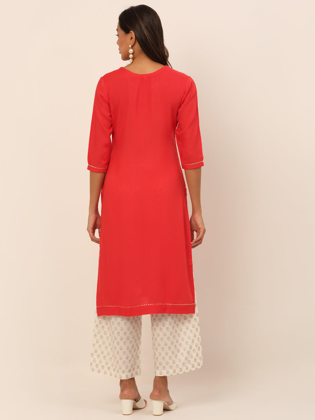 Women Coral Ethnic Motifs Yoke Design Flared Sleeves Thread Work Kurta