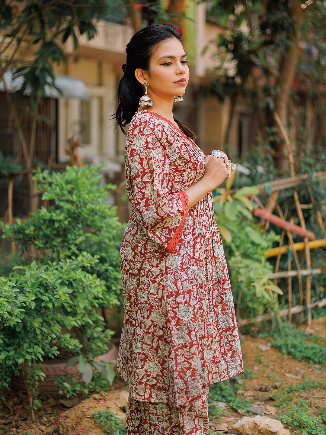 Kalamkari cord set with Pleates and lace details