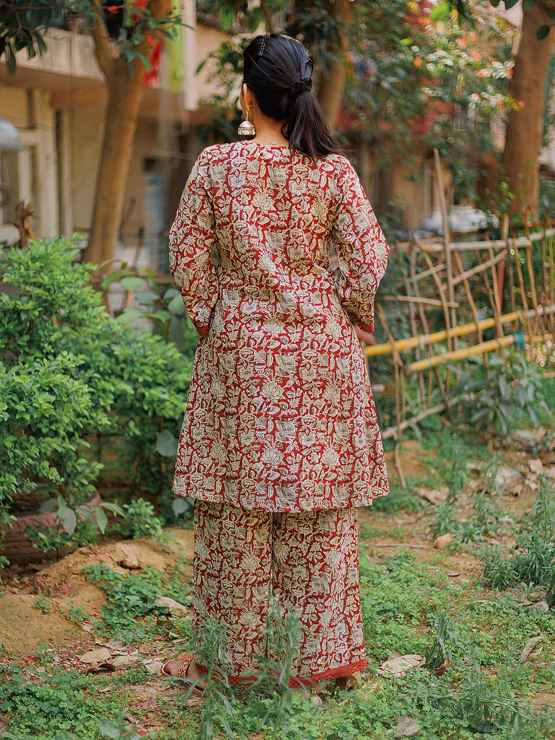 Kalamkari cord set with Pleates and lace details