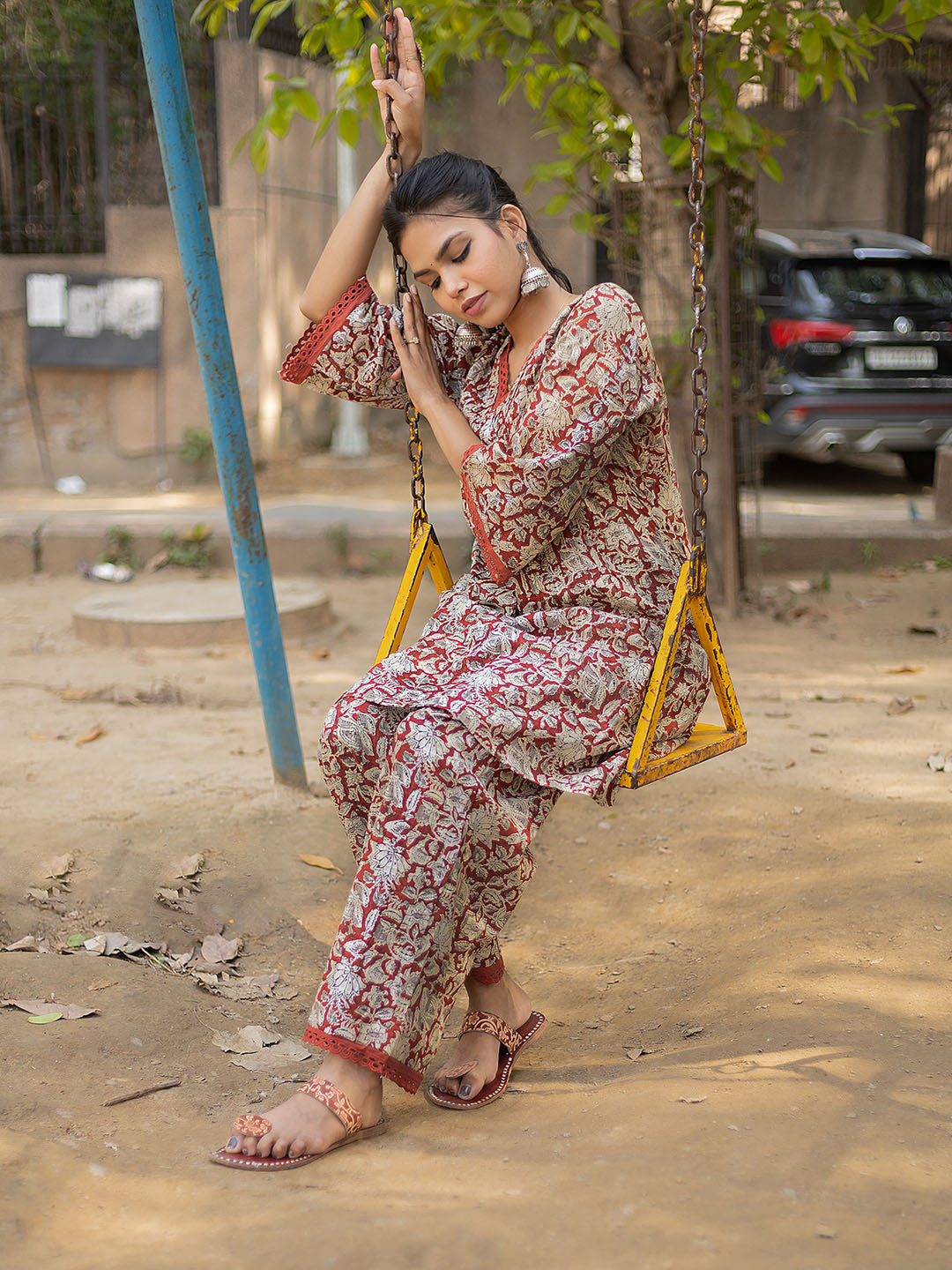 Kalamkari cord set with Pleates and lace details