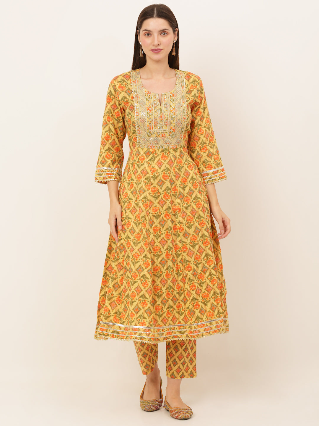 Women Yellow Floral Printed Pure Cotton Anarkali Kurta with Trousers & With Dupatta