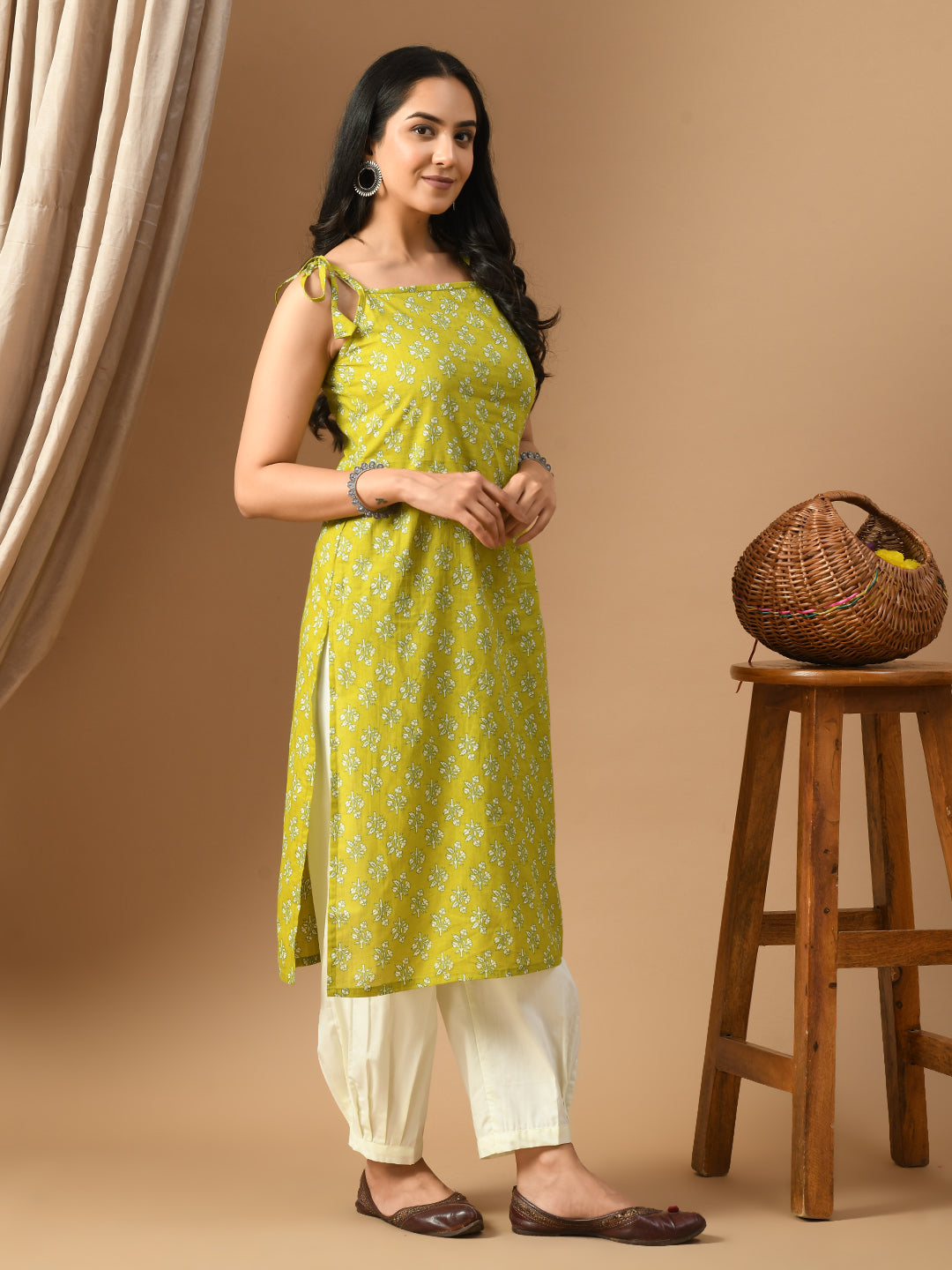 Pure Cotton Mehndi green white booti kurta with straps