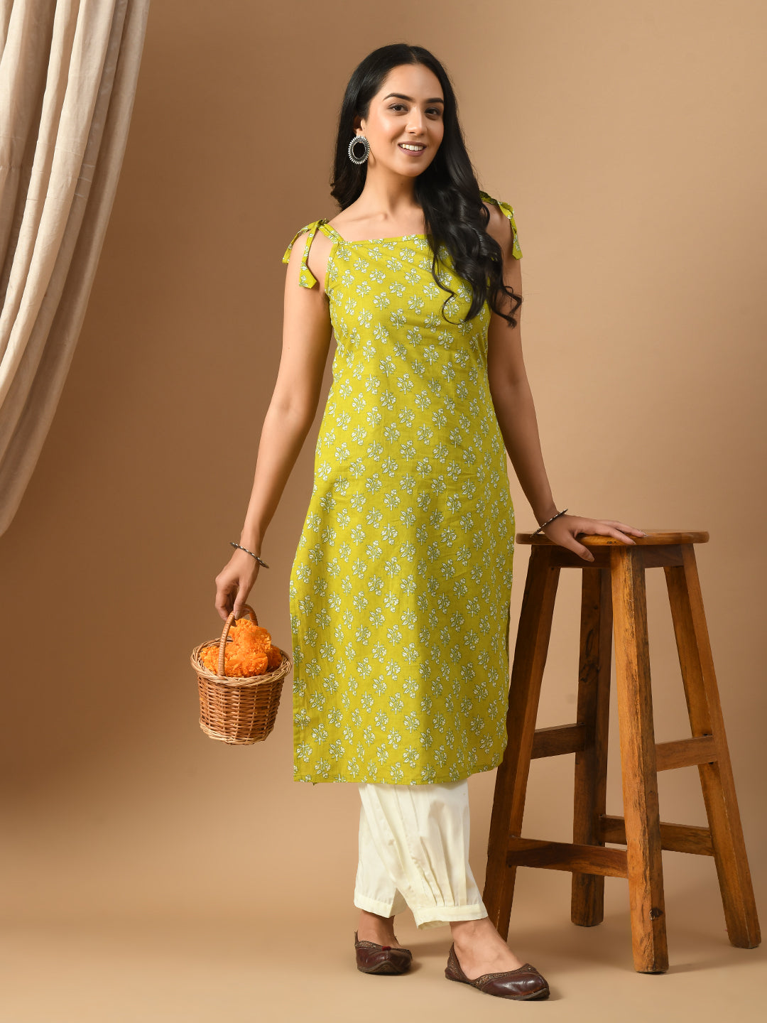 Pure Cotton Mehndi green white booti kurta with straps