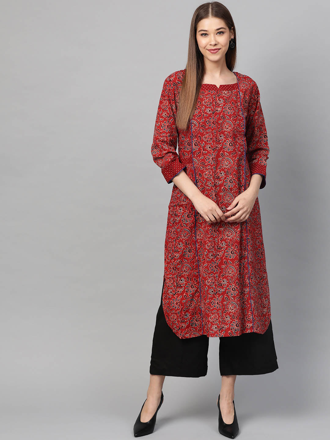 Women Rust Red Jaal Ajrakh Hand Block Ethnic Straight Sustainable Kurta