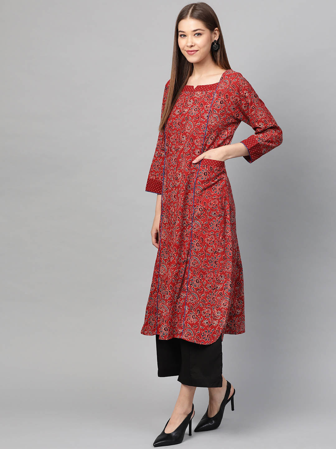 Women Rust Red Jaal Ajrakh Hand Block Ethnic Straight Sustainable Kurta