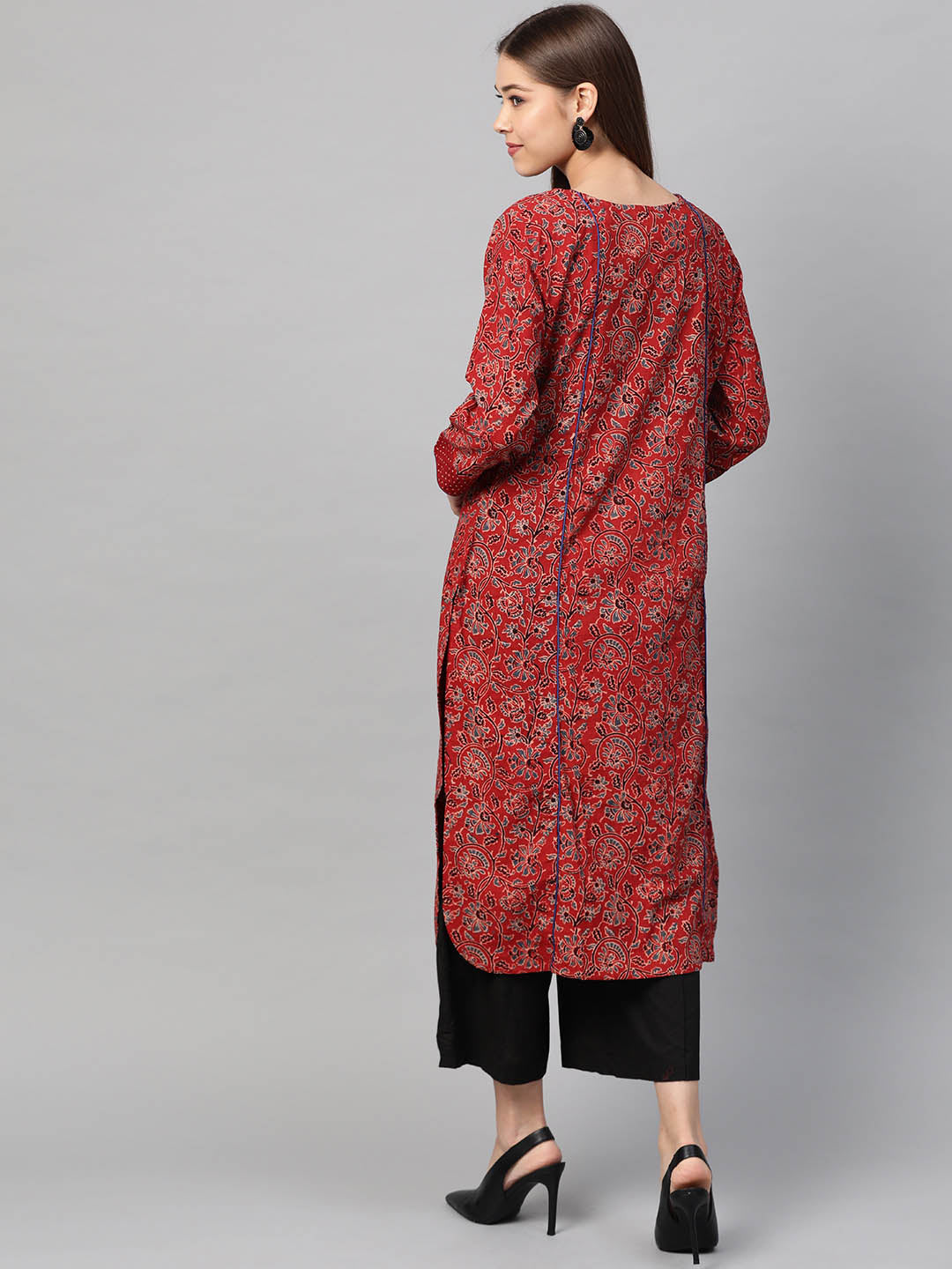 Women Rust Red Jaal Ajrakh Hand Block Ethnic Straight Sustainable Kurta