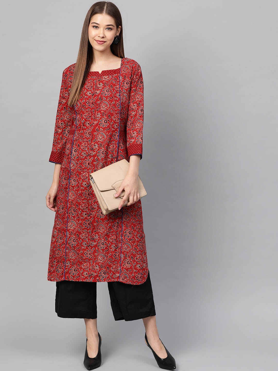 Women Rust Red Jaal Ajrakh Hand Block Ethnic Straight Sustainable Kurta