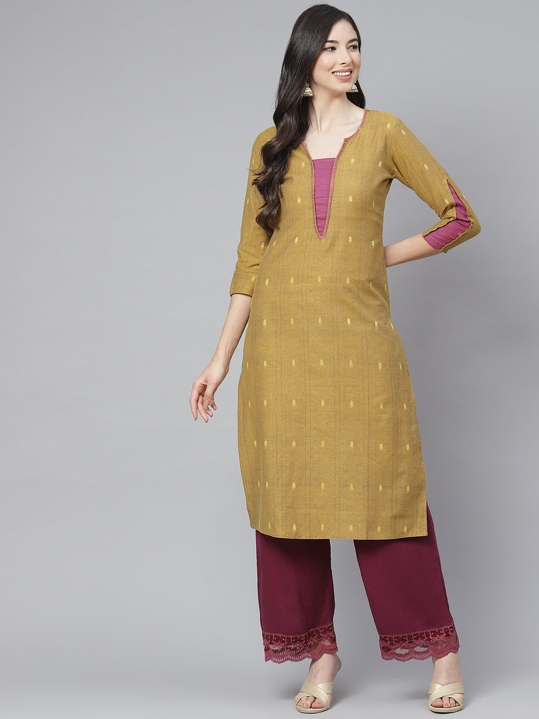 Mustard Yellow Weaved Handloom  Cotton Kurta with Thread Work