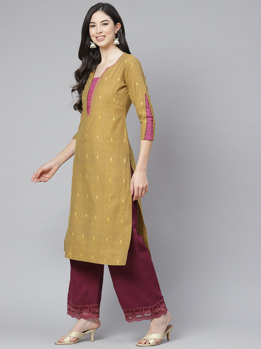 Mustard Yellow Weaved Handloom  Cotton Kurta with Thread Work