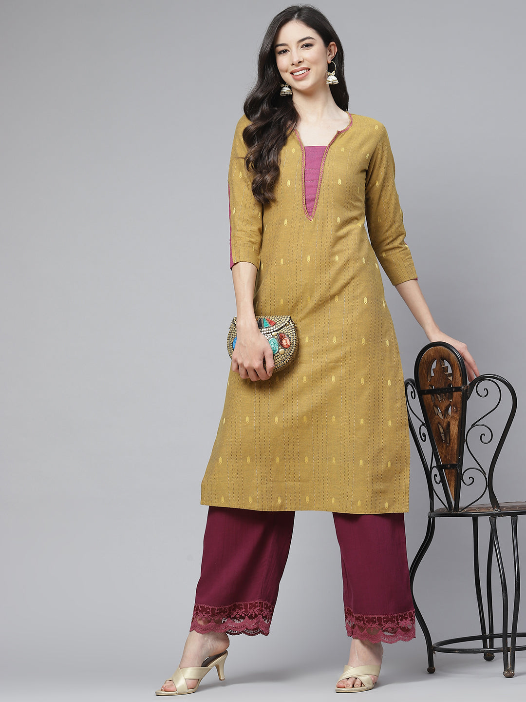 Mustard Yellow Weaved Handloom  Cotton Kurta with Thread Work