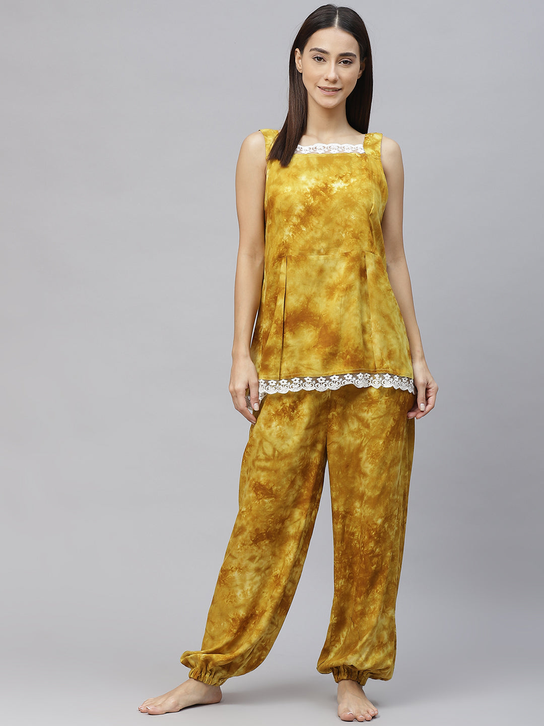 Mustard Yellow Dyed  Lace Inserts Pyjama Set