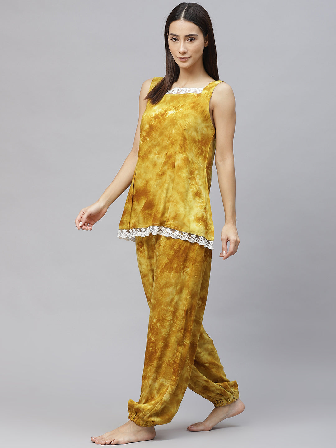 Mustard Yellow Dyed  Lace Inserts Pyjama Set