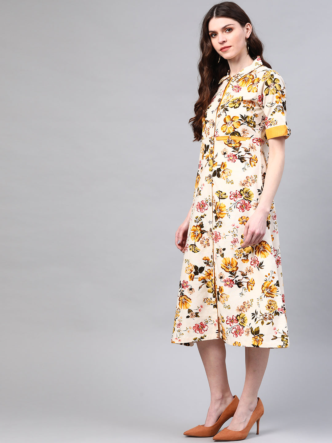 Women Off-White & Yellow Linen Printed Shirt Dress