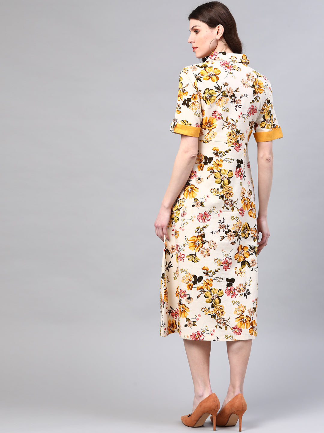 Women Off-White & Yellow Linen Printed Shirt Dress